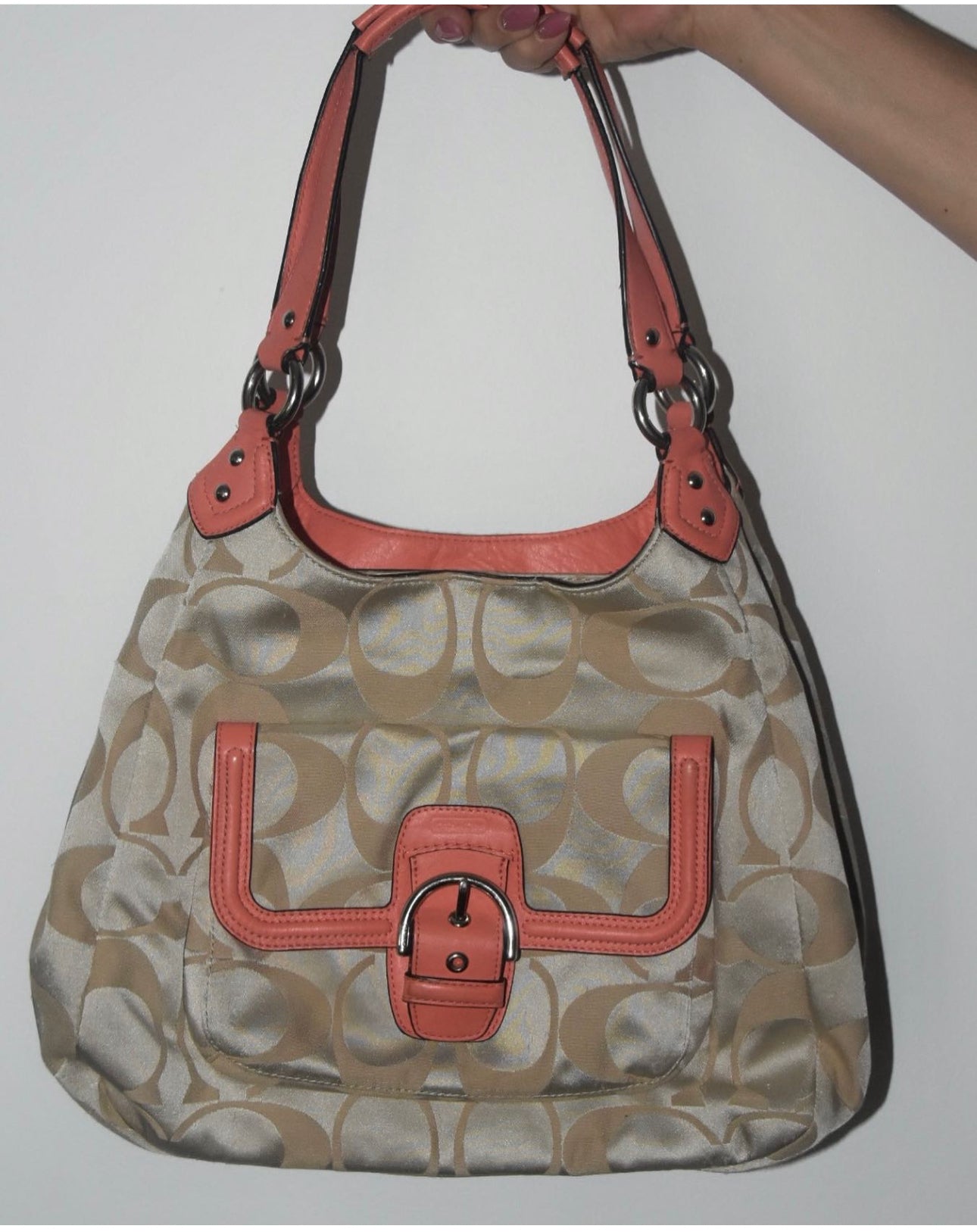 Coach Campbell Signature C Khaki Coral Hobo Shoulder Bag