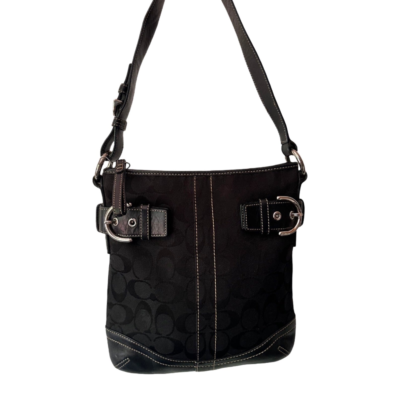 COACH BLACK MONOGRAM DOUBLE BUCKLE SHOULDER BAG