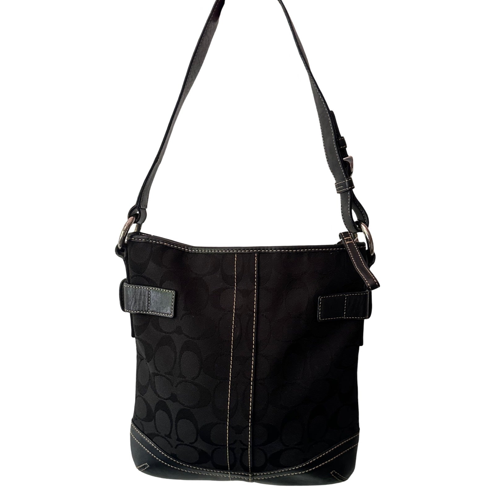 COACH BLACK MONOGRAM DOUBLE BUCKLE SHOULDER BAG