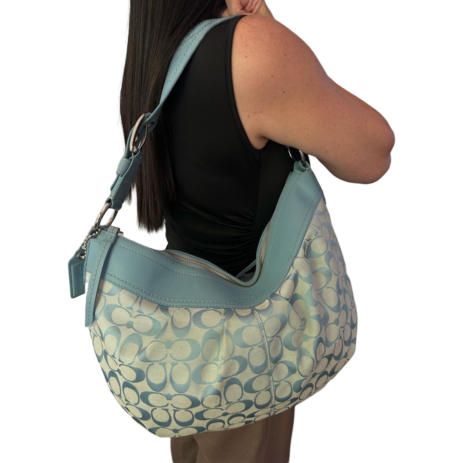 Coach Signature Baby Blue Pleated Soho Hobo