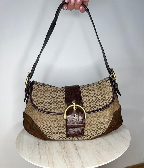 Coach Y2K Soho Shoulder Bag Brown Suede & Jacquard Buckle
