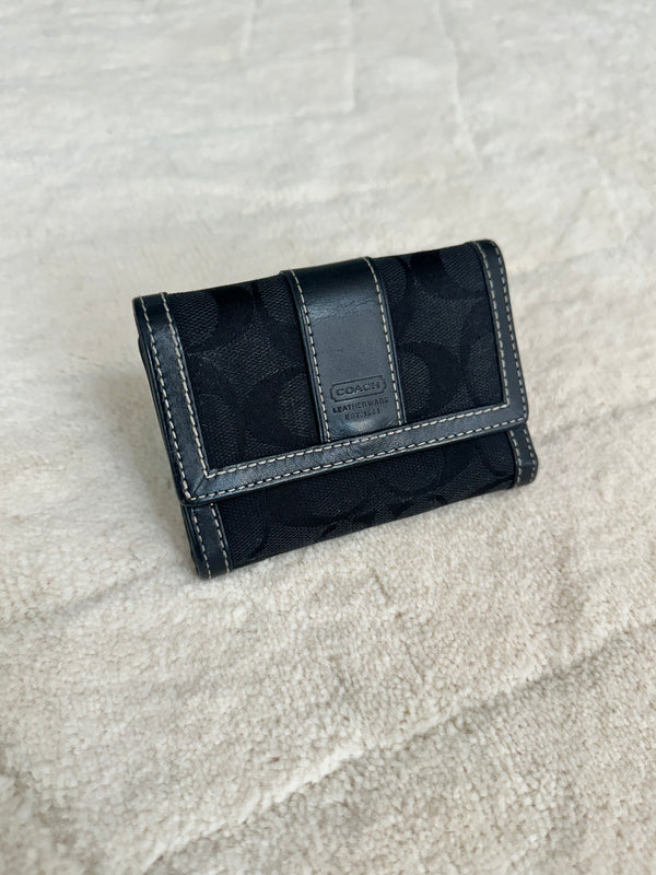 Coach Signature  Black Leather Stripe Small Trifold Wallet