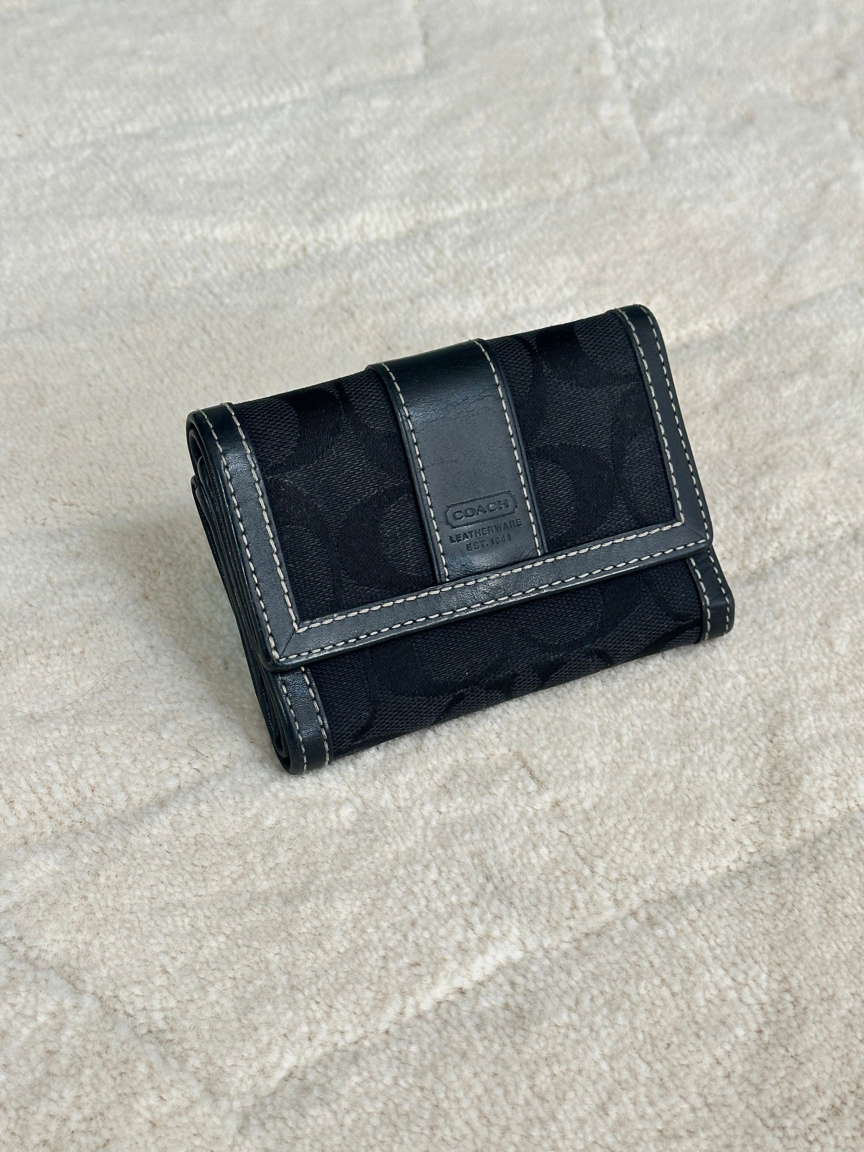 Coach Signature  Black Leather Stripe Small Trifold Wallet