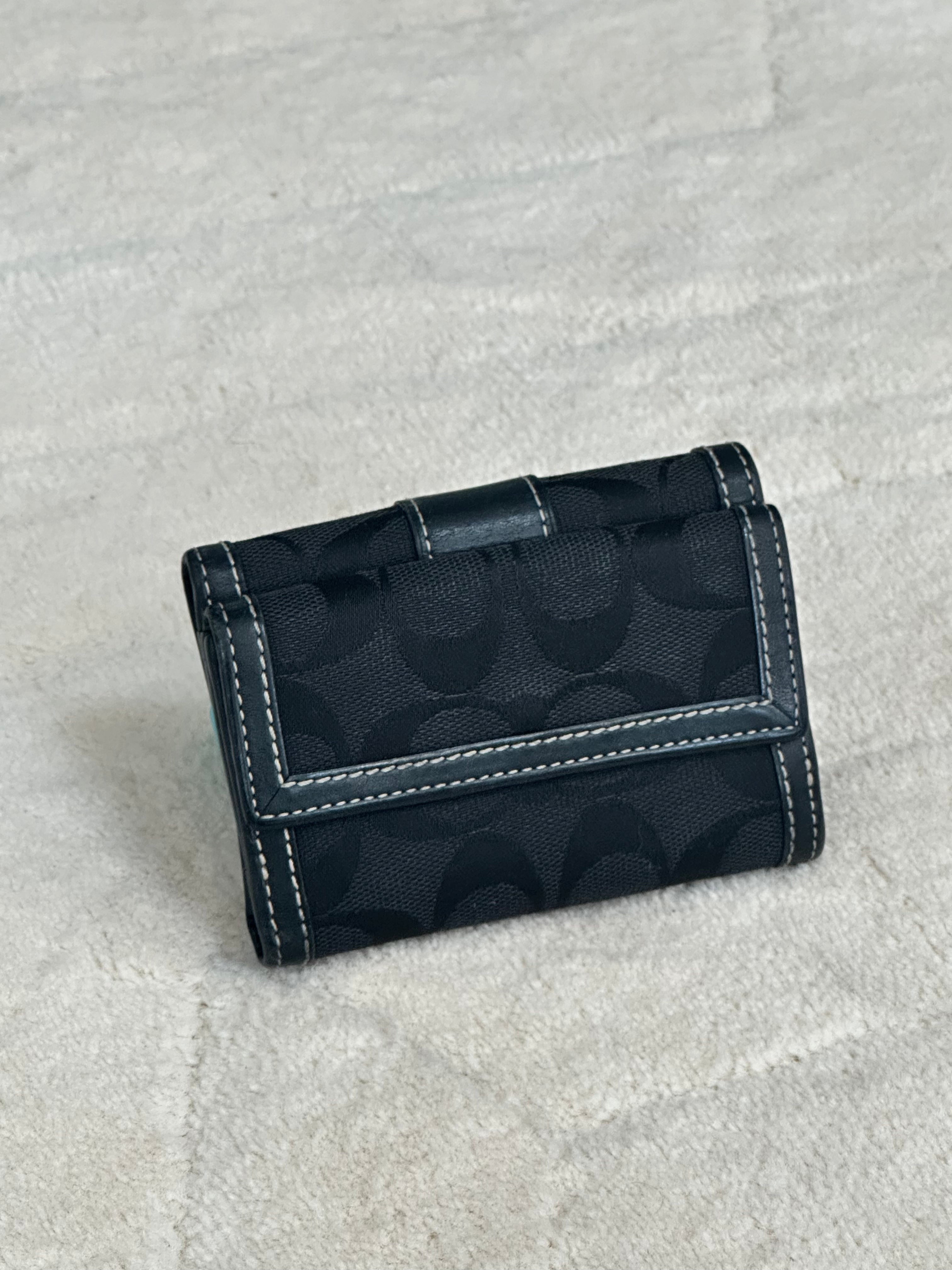 Coach Signature  Black Leather Stripe Small Trifold Wallet